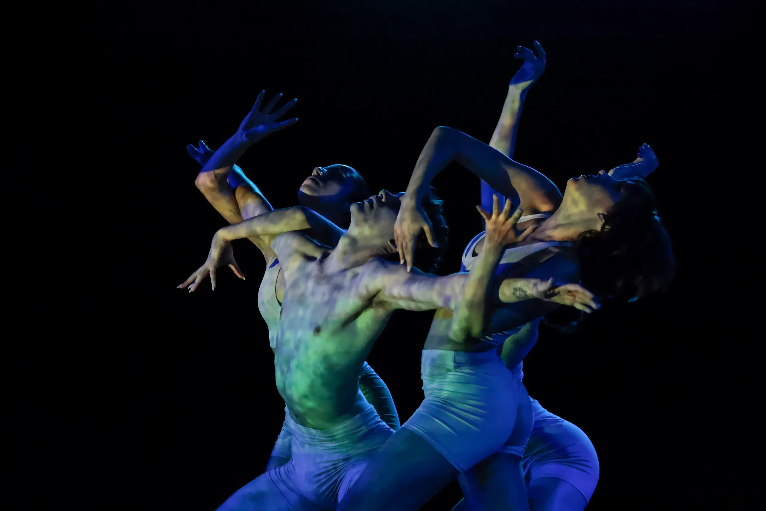 Three Tania Vergara Dance-Theater dancers arched together in blue stage light